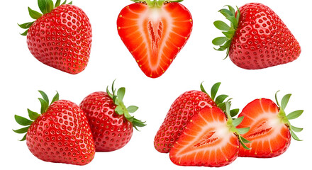 Fresh red strawberries, whole and sliced, with green leaves, isolated on transparent background