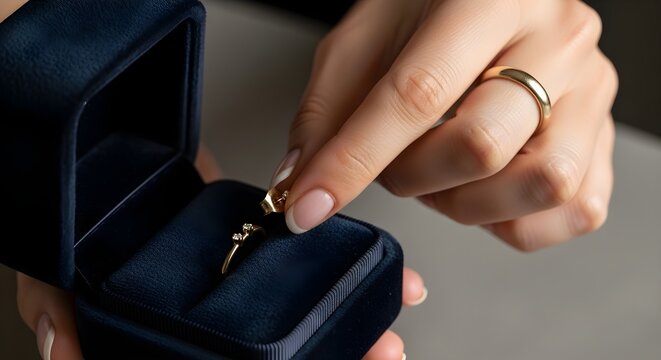Womans hand opening jewelry box with diamond ring close up