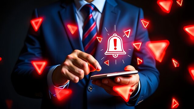 Businessman receiving security alert on his mobile phone with visual cues