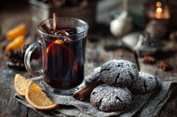 Warm mulled wine cinnamon orange star anise chocolate cookie, cozy rustic holiday mood