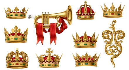 Collection of golden royal crowns, a trumpet with red banners, and an ornate scroll isolated on transparent background