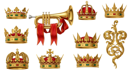 Collection of golden royal crowns, a trumpet with red banners, and an ornate scroll isolated on transparent background