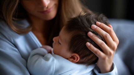 Faceless moment of mother&rsquo;s gentle hand stroking her baby&rsquo;s hair as they rest together, shallow depth of field, emotional stillness, with copy space