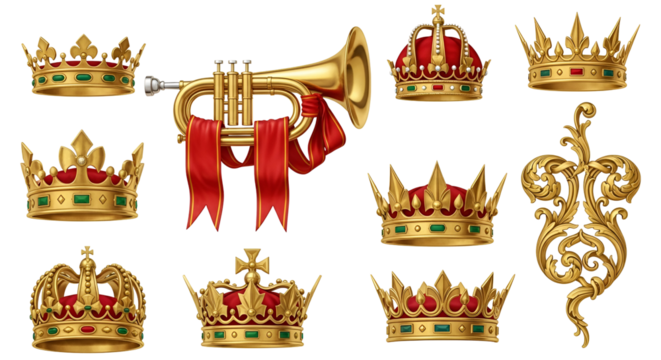 Collection of golden royal crowns, a trumpet with red banners, and an ornate scroll isolated on transparent background - Powered by Adobe