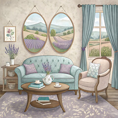 Cozy living room interior with lavender theme and rustic charm