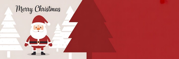 Merry christmas greeting card with santa claus and christmas tree on red background