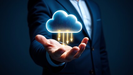Cloud computing modern technology represented with conceptual cloud icon on hand
