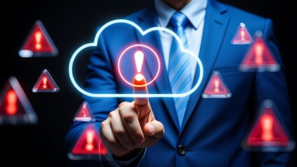 Cloud Security Alert System Shows Danger with a Businessmans Finger