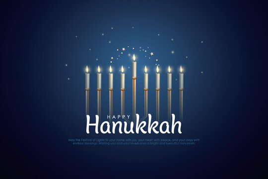 Vector illustration of Jewish holiday Hanukkah on blue background. Creative Celebration banner design for Israel.	
