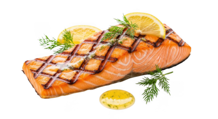 Delicious grilled salmon fillet with fresh lemon and dill, perfectly cooked seafood meal on a white background, high-quality food photography png image for culinary projects and menus