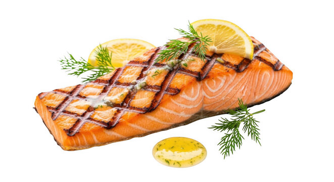 Delicious grilled salmon fillet with fresh lemon and dill, perfectly cooked seafood meal on a white background, high-quality food photography png image for culinary projects and menus