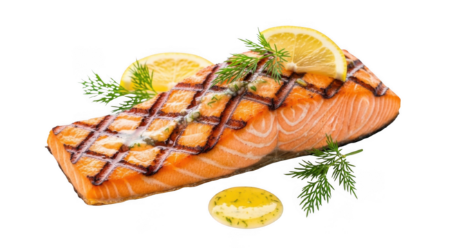 Delicious grilled salmon fillet with fresh lemon and dill, perfectly cooked seafood meal on a white background, high-quality food photography png image for culinary projects and menus