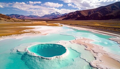 A vibrant turquoise geothermal pool with mineral deposits sits in a dry, mountainous landscape under a partly cloudy sky.