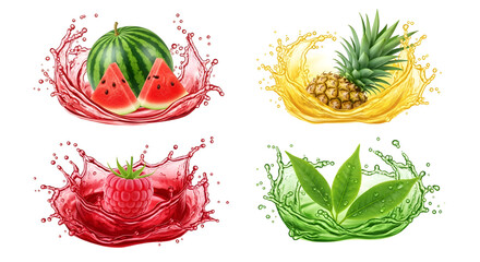 Vibrant set of fresh fruit and green leaf juice splashes watermelon, pineapple, raspberry isolated on transparent background