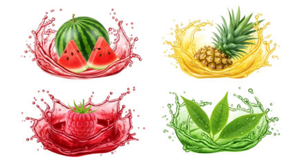 Vibrant set of fresh fruit and green leaf juice splashes watermelon, pineapple, raspberry isolated on transparent background