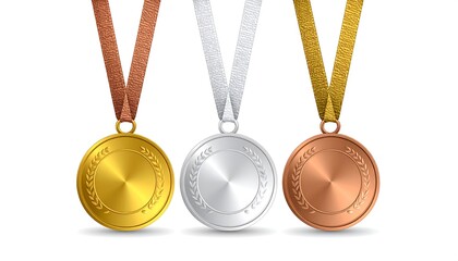 Gold, silver and bronze medals with ribbons stand against a white background, signifying success and achievement