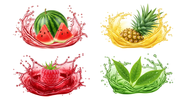 Vibrant set of fresh fruit and green leaf juice splashes watermelon, pineapple, raspberry isolated on transparent background