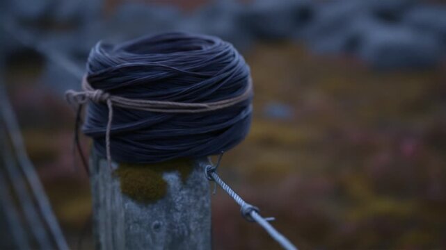 A close-up shot of coiled dark wire and a securing string atop a weathered wooden post with moss