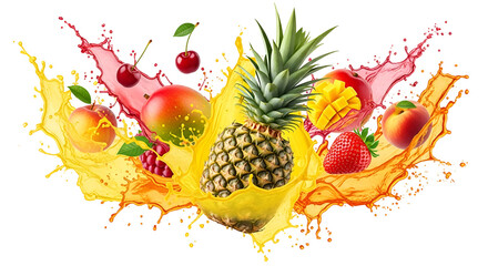 Vibrant tropical fruit splash with pineapple, mango, strawberry, cherry, peach, and grape isolated on transparent background