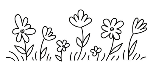 Childish floral Sketch, linear hand drawn spring plants. Simple daisy flowers, leaves, grass in brush stroke ink style. Vector illustration isolared