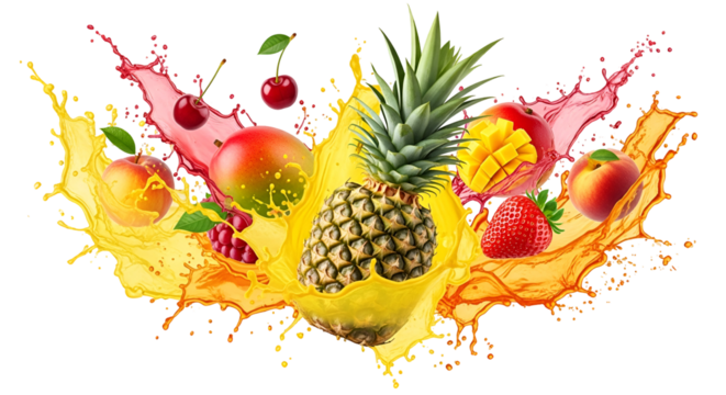 Vibrant tropical fruit splash with pineapple, mango, strawberry, cherry, peach, and grape isolated on transparent background - Powered by Adobe