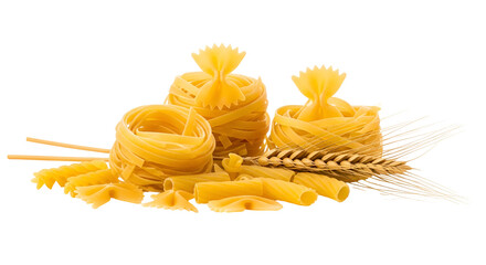 Various types of uncooked italian pasta, including tagliatelle, farfalle, and fusilli, with wheat ears isolated on transparent background