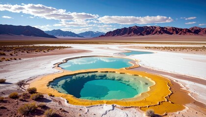 Vibrant turquoise geothermal pools with mineral deposits surround a dry, arid landscape with distant mountains under a bright blue sky with scattered clouds.