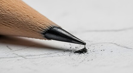 Close up of a sharpened pencil tip with graphite on white paper