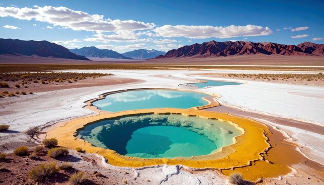 Vibrant turquoise geothermal pools with mineral deposits surround a dry, arid landscape with distant mountains under a bright blue sky with scattered clouds. - Powered by Adobe