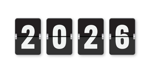 New Year 2026. Flip clock display showing the year 2026 in bold white numbers on black panels. Modern vector illustration of a split-flap countdown or calendar concept, isolated on white background.