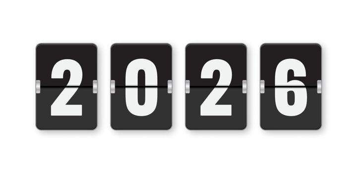 New Year 2026. Flip clock display showing the year 2026 in bold white numbers on black panels. Modern vector illustration of a split-flap countdown or calendar concept, isolated on white background.