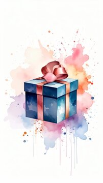 Artistic rendering of a present box, with pink bow and watercolor splashes and drips in pastel colors on a white background.
