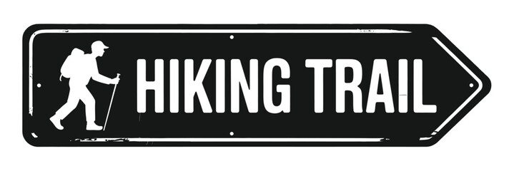 Black and white hiking trail sign with arrow and hiker icon