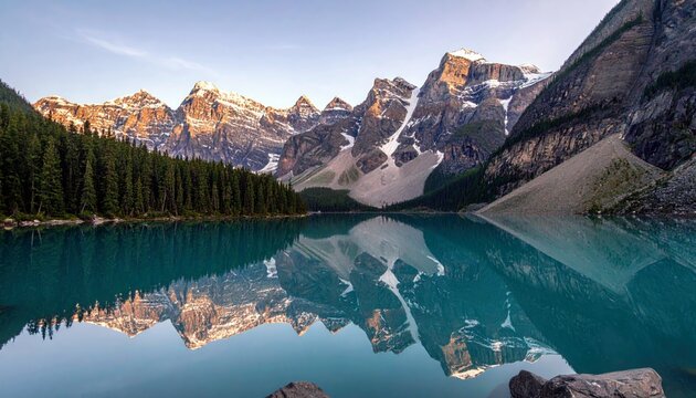 A serene mountain lake with vibrant turquoise water perfectly reflects the surrounding snow-capped peaks and dense pine forest.