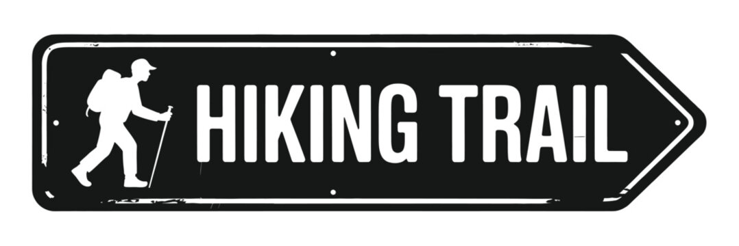Black and white hiking trail sign with arrow and hiker icon