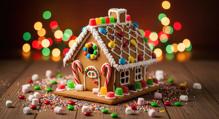 Festive Gingerbread House Decorated with Colorful Candy and Icing.