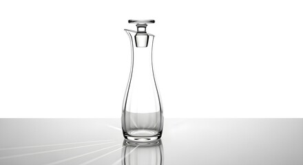 Elegant glass decanter with stopper on white surface product photography