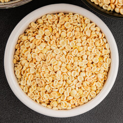 Orecchiette small pasta drum wheat pasta Italian food tasty snack fresh delicious gourmet food table setting rustic top view copy space