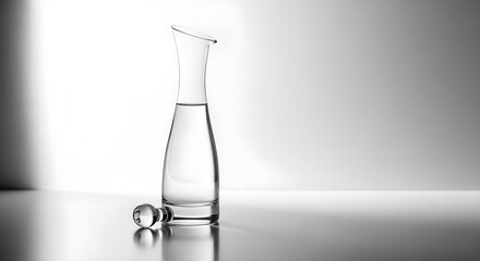 Elegant glass decanter with water on reflective surface