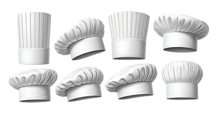 Collection of various white chef hats in different styles and angles, representing culinary profession, isolated on transparent background