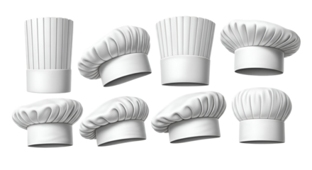 Collection of various white chef hats in different styles and angles, representing culinary profession, isolated on transparent background