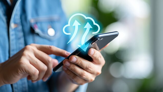 Data cloud on smartphone screen in hand for communication and business