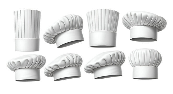 Collection of various white chef hats in different styles and angles, representing culinary profession, isolated on transparent background