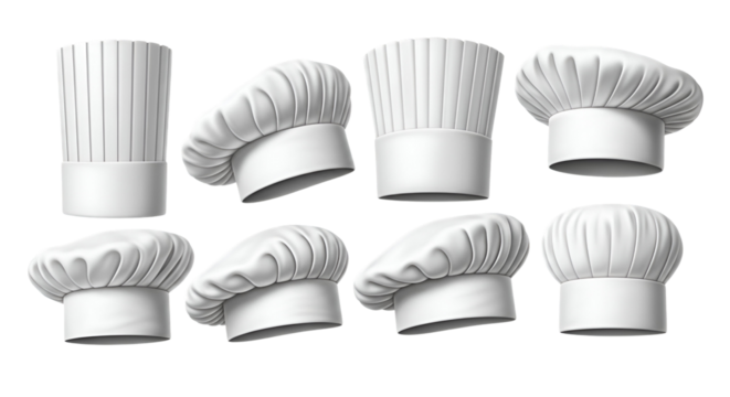 Collection of various white chef hats in different styles and angles, representing culinary profession, isolated on transparent background