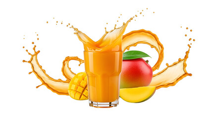Dynamic mango juice splash in a glass with fresh whole and sliced mango fruit, isolated on white isolated on transparent background