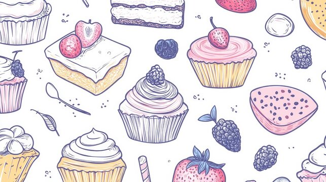 Bakery sweets background, cupcakes, whole cakes, pie slices, various fruits, one continuous line drawing, seamless pattern, vector illustration, banner, flyer, poster, cover, texture, border design,
