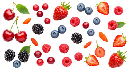Fresh mixed berries strawberry, blueberry, raspberry, cherry, and blackberry, isolated on transparent background