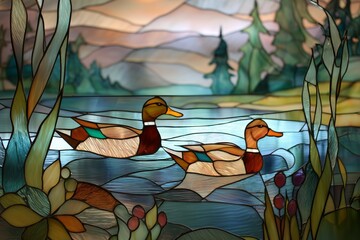 Stained Glass Window Depicting Two Mallard Ducks