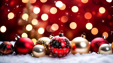 Festive Christmas Ornaments on Snow with Bokeh Lights Background