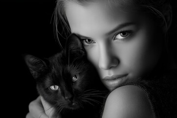 Intense Black and White Closeup of a Girl and Her Cat